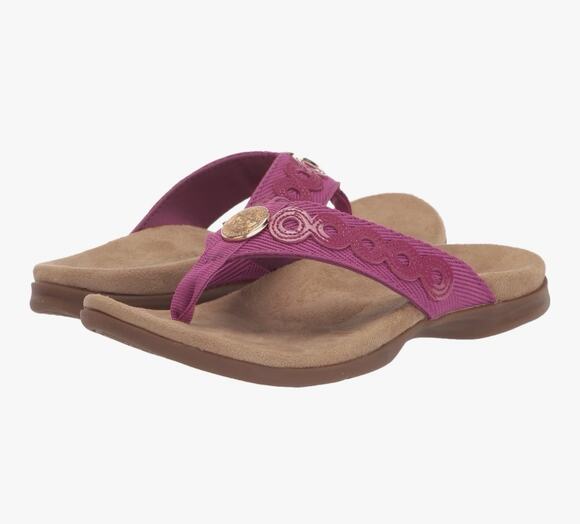 Waco Shoes - Spenco Tierra Sandals Thong Festive Fuschia Fabric Paten Leather Accent Size 8.5
